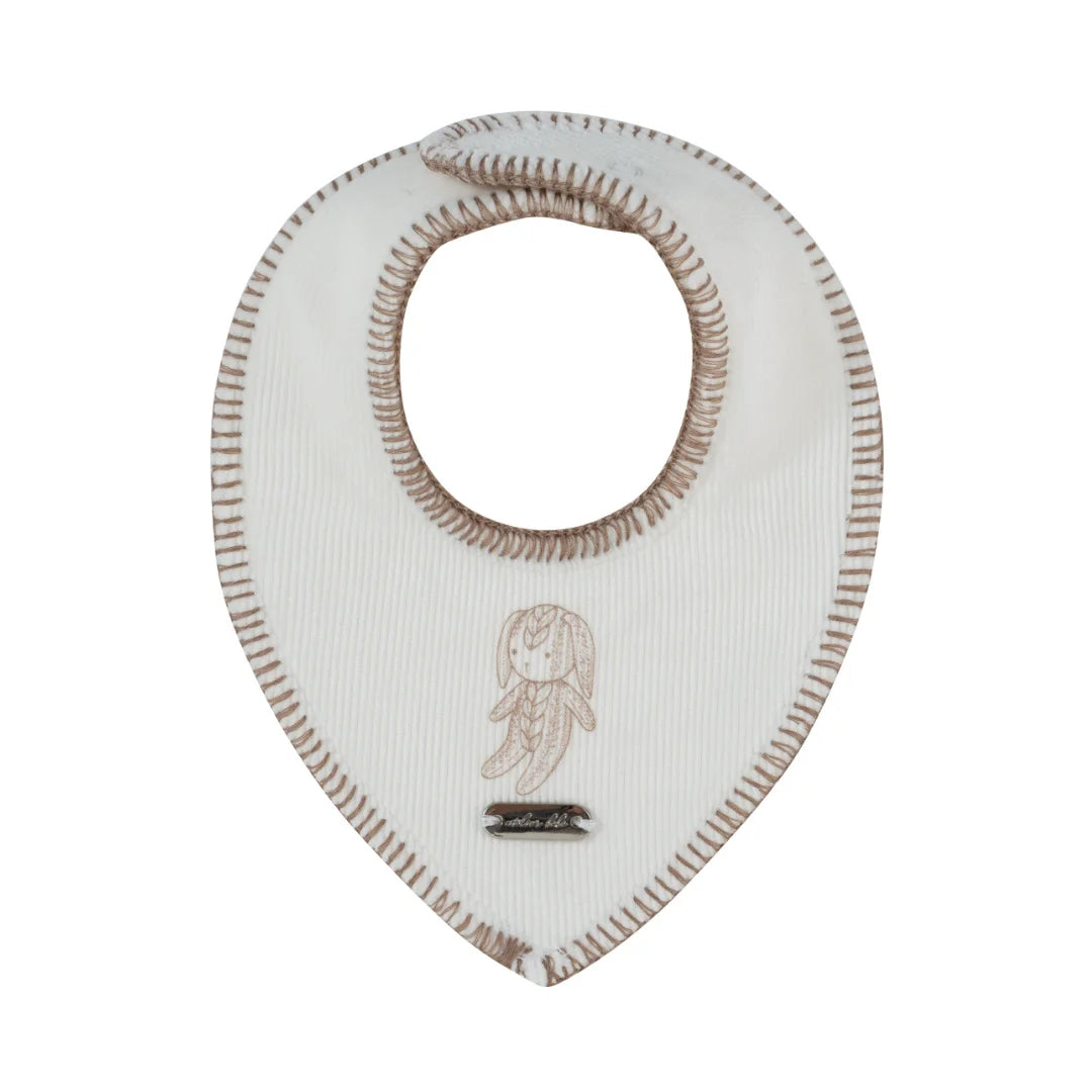 front view of the Kipp baby taupe Atelier Bunny cotton bib.