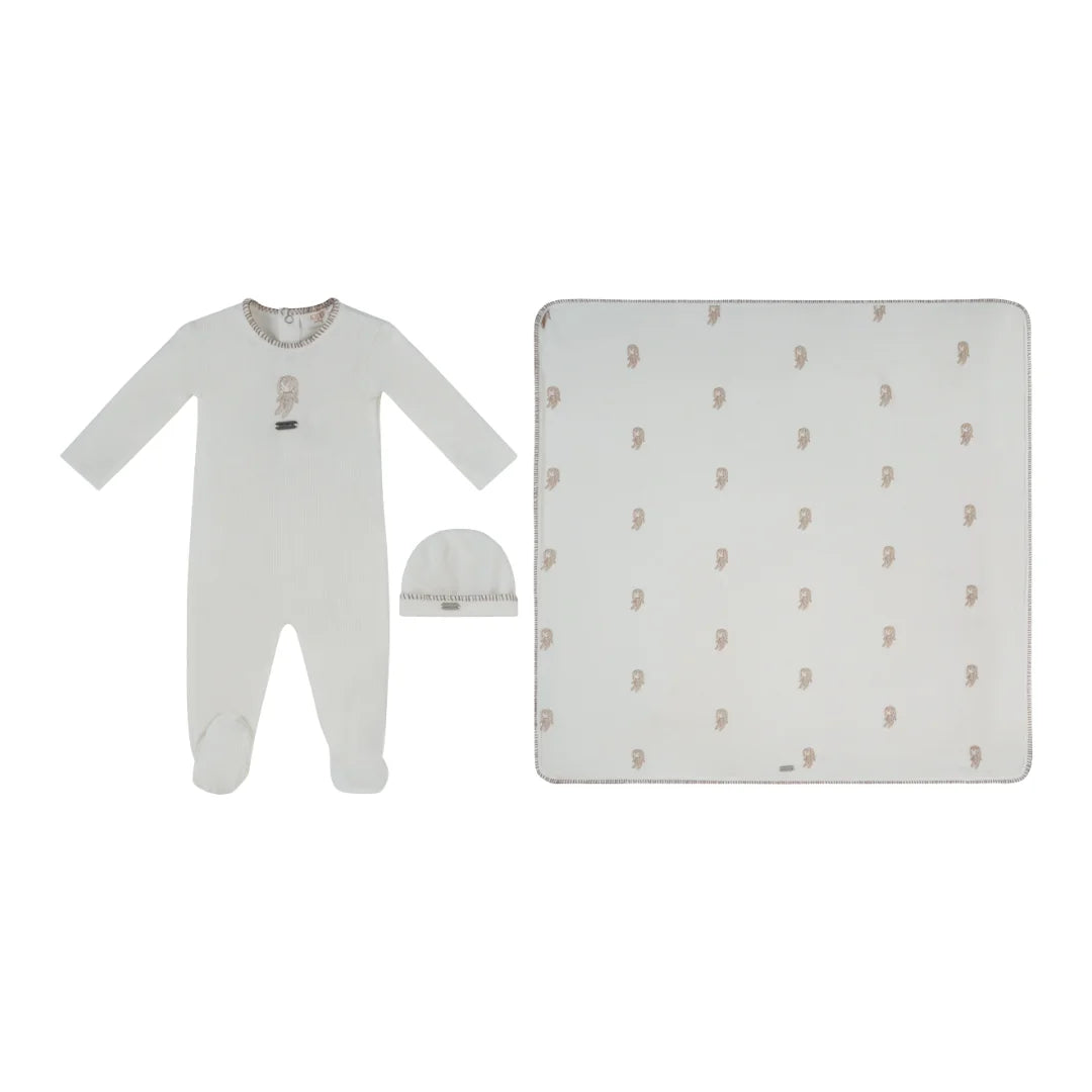 front view of the Kipp baby taupe Atelier Bunny footie, hat, and blanket set.