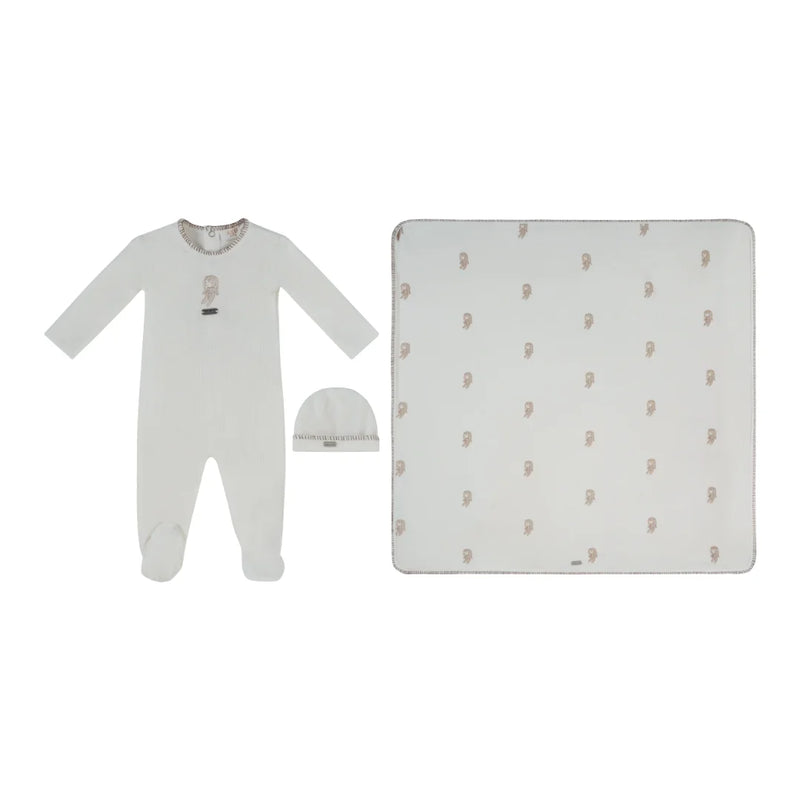 front view of the Kipp baby taupe Atelier Bunny footie, hat, and blanket set.