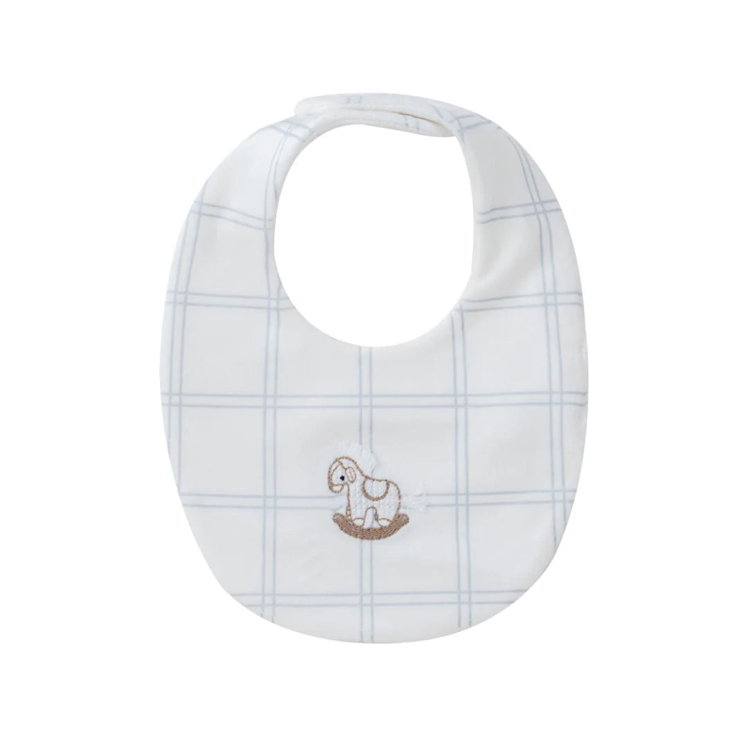 A front view of the Kipp blue baby whinny plaid feeding bib.