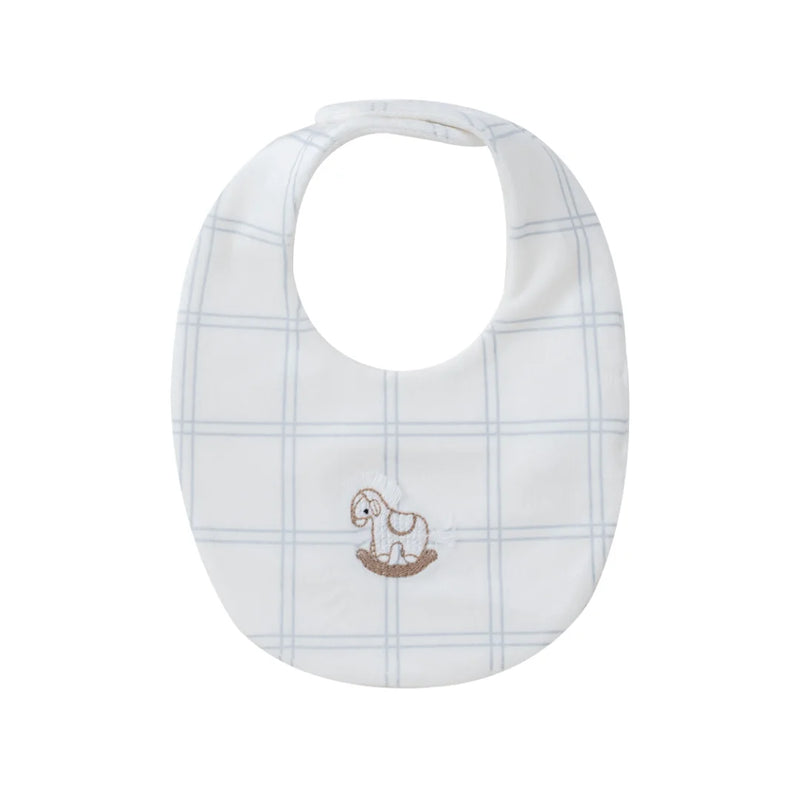 A front view of the Kipp blue baby whinny plaid feeding bib.