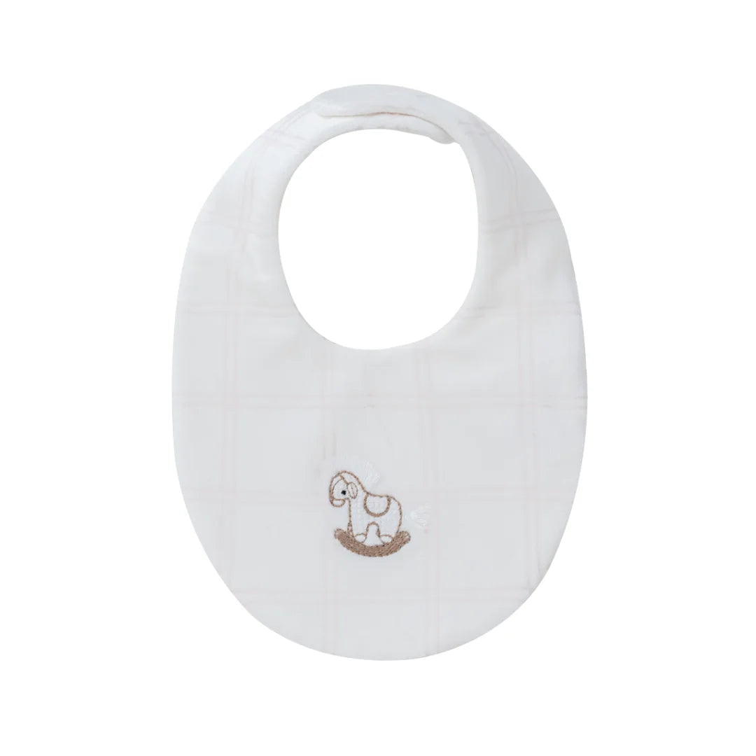 A front view of the Kipp pink baby whinny plaid feeding bib.