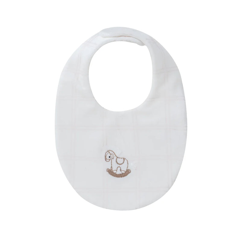 A front view of the Kipp pink baby whinny plaid feeding bib.
