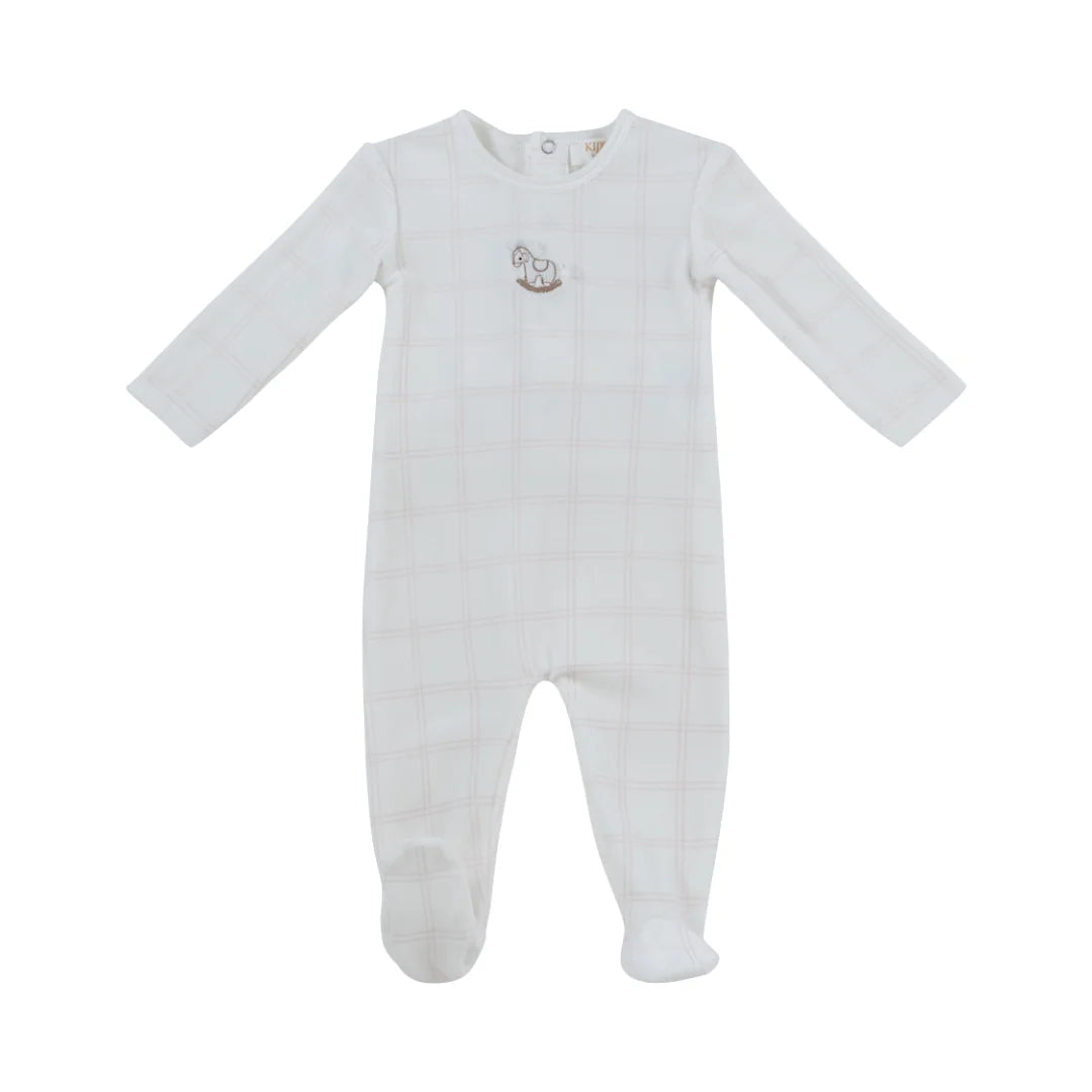 A front view of the Kipp pink baby Whinny plaid footie, hat, and blanket set.