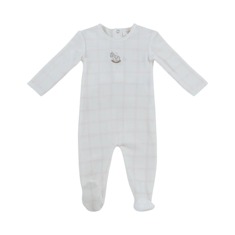 A front view of the Kipp pink baby Whinny plaid footie, hat, and blanket set.