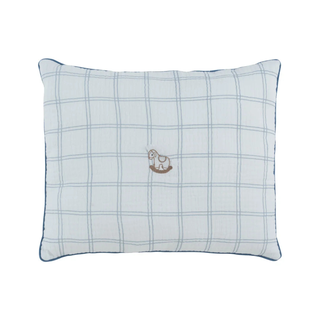 A front view of the Kipp blue whinny plaid decorative nursery throw pillow.