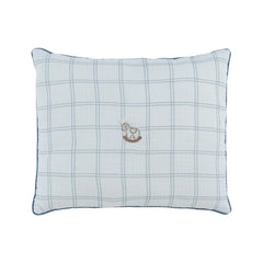 A front view of the Kipp blue whinny plaid decorative nursery throw pillow.