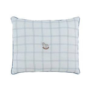 A front view of the Kipp blue whinny plaid decorative nursery throw pillow.