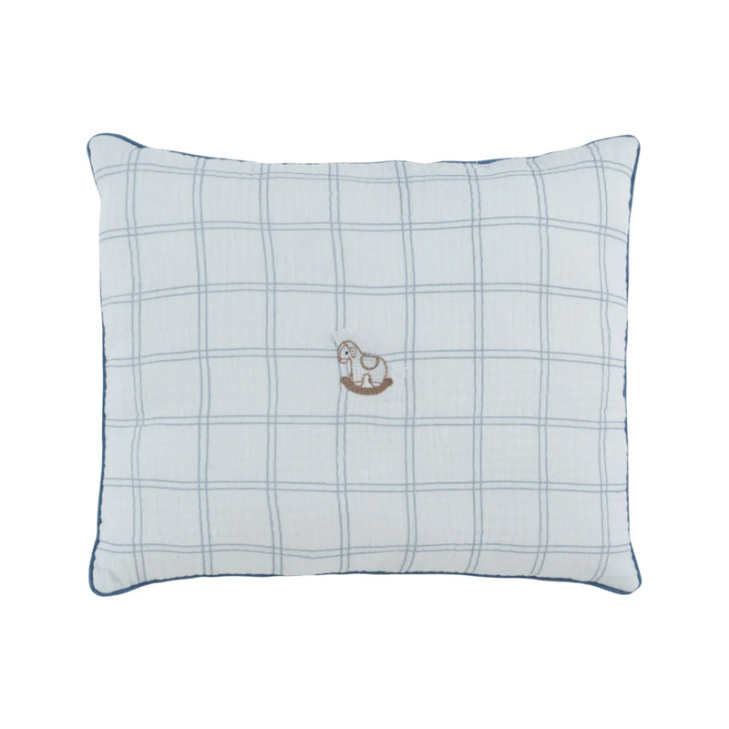 A front view of the Kipp blue whinny plaid decorative nursery throw pillow.