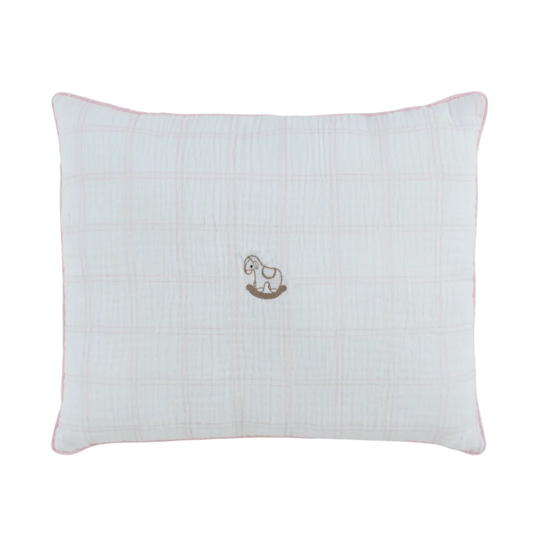 A front view of the Kipp pink whinny plaid decorative nursery throw pillow.