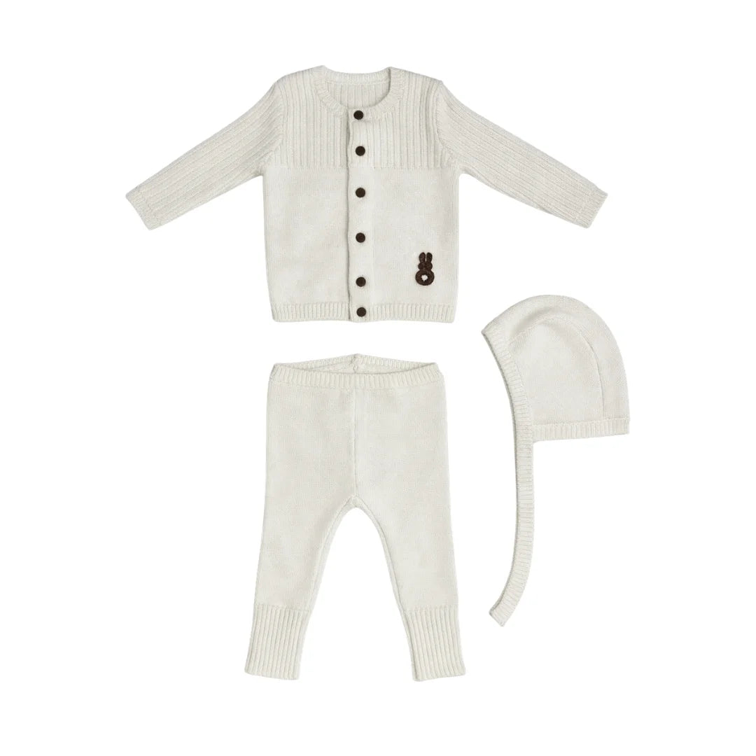 A front view of the Kipp Baby white bunny knit set with hat.