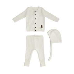 A front view of the Kipp Baby white bunny knit set with hat.