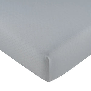 A front view of the Kipp white mon bebe mini 4-piece crib bedding set.