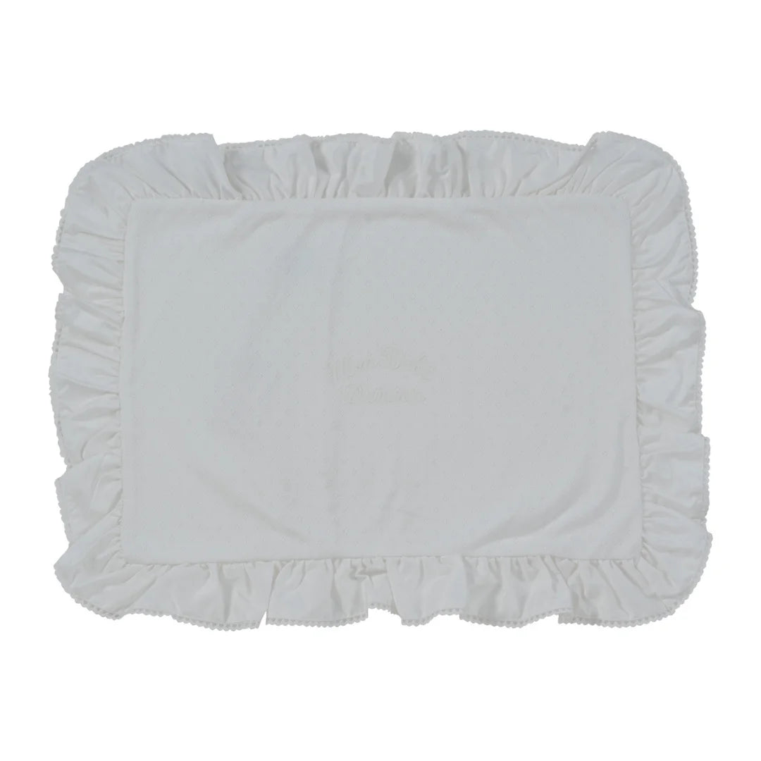 A front view of the Kipp white mon bebe mini 4-piece crib bedding set.