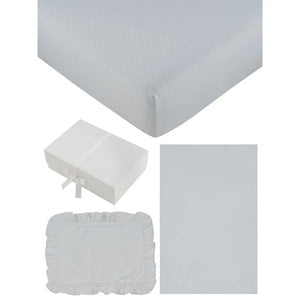 A front view of the Kipp white mon bebe mini 4-piece crib bedding set.