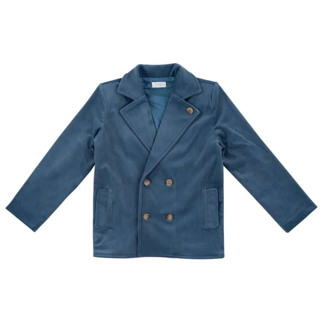 A front view of the Kipp Blue Sol tailored blazer for boys.