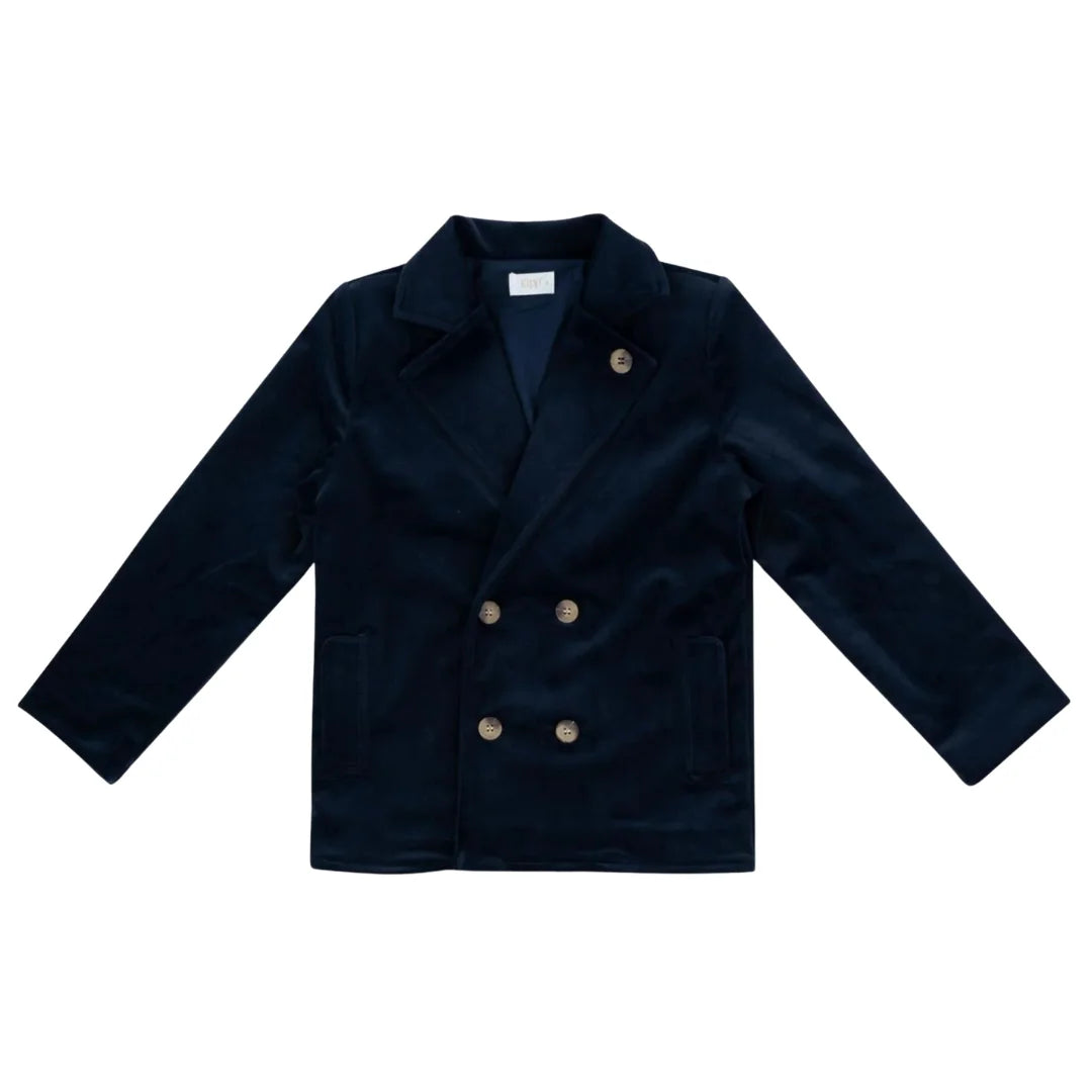 A front view of the Kipp Navy Sol tailored blazer for boys.
