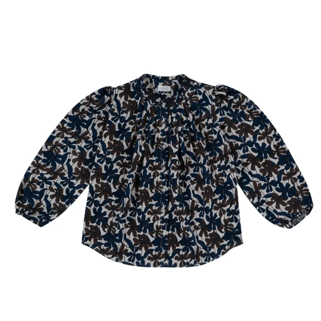 A front view of the Kipp chocolate brown floral blouse for girls.