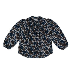A front view of the Kipp chocolate brown floral blouse for girls.