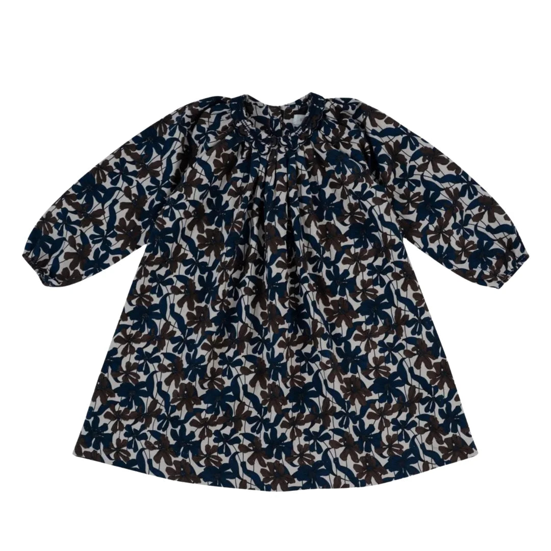 A front view of the Kipp chocolate brown floral dress for girls.