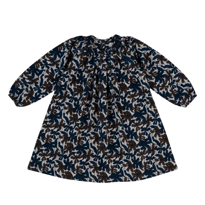 A front view of the Kipp chocolate brown floral dress for girls.