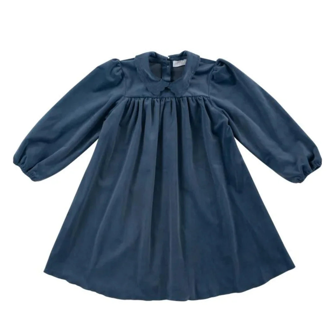 A front view of the Kipp royal blue velvet dress for girls.