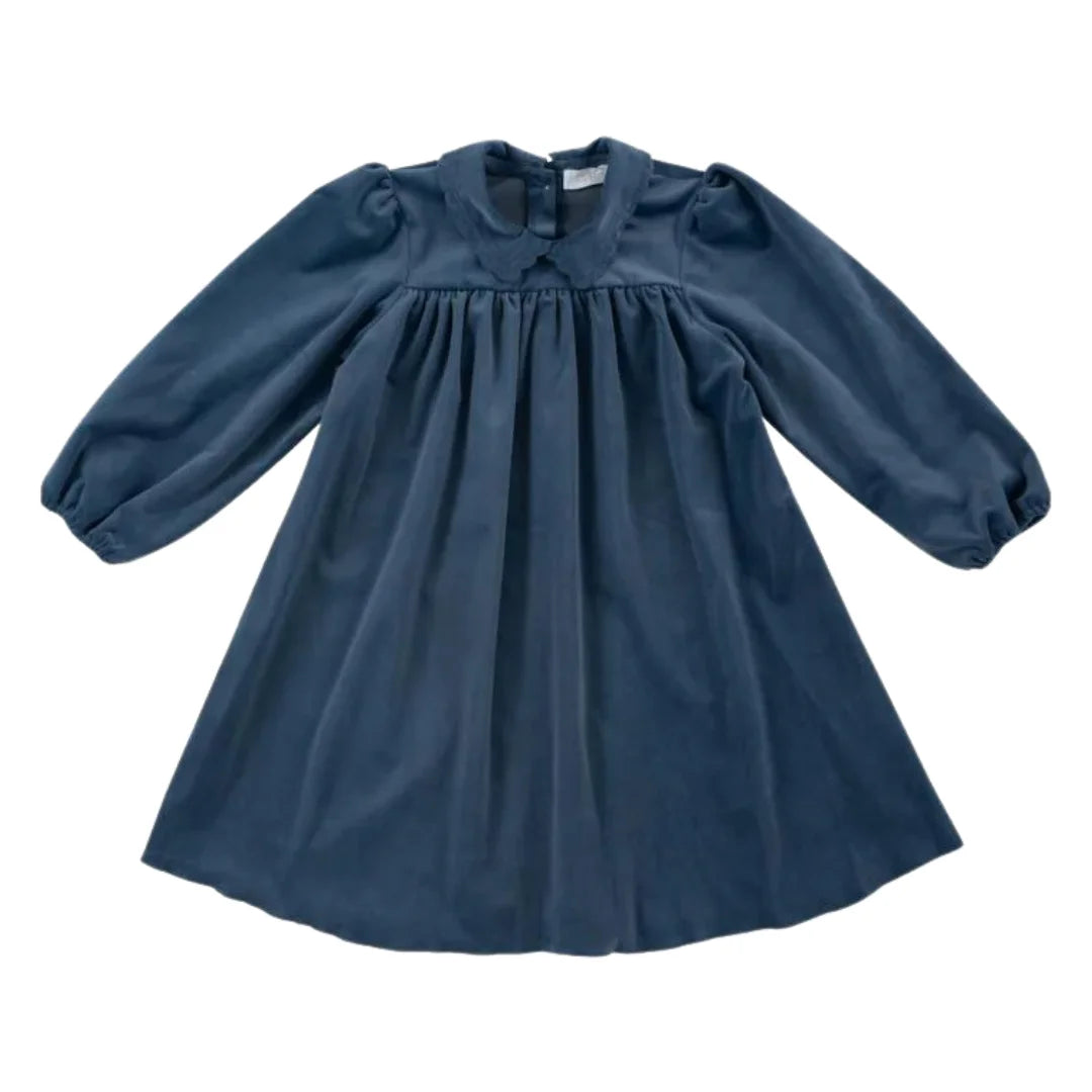 A front view of the Kipp navy blue velvet dress for children.