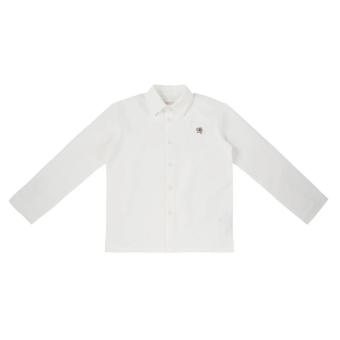 A front view of the Kipp white stripe formal dress shirt for boys.