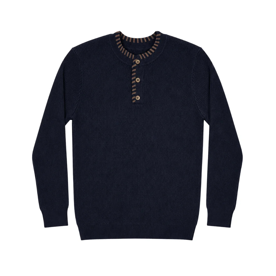 A front view of the Klai navy ford rib sweater.