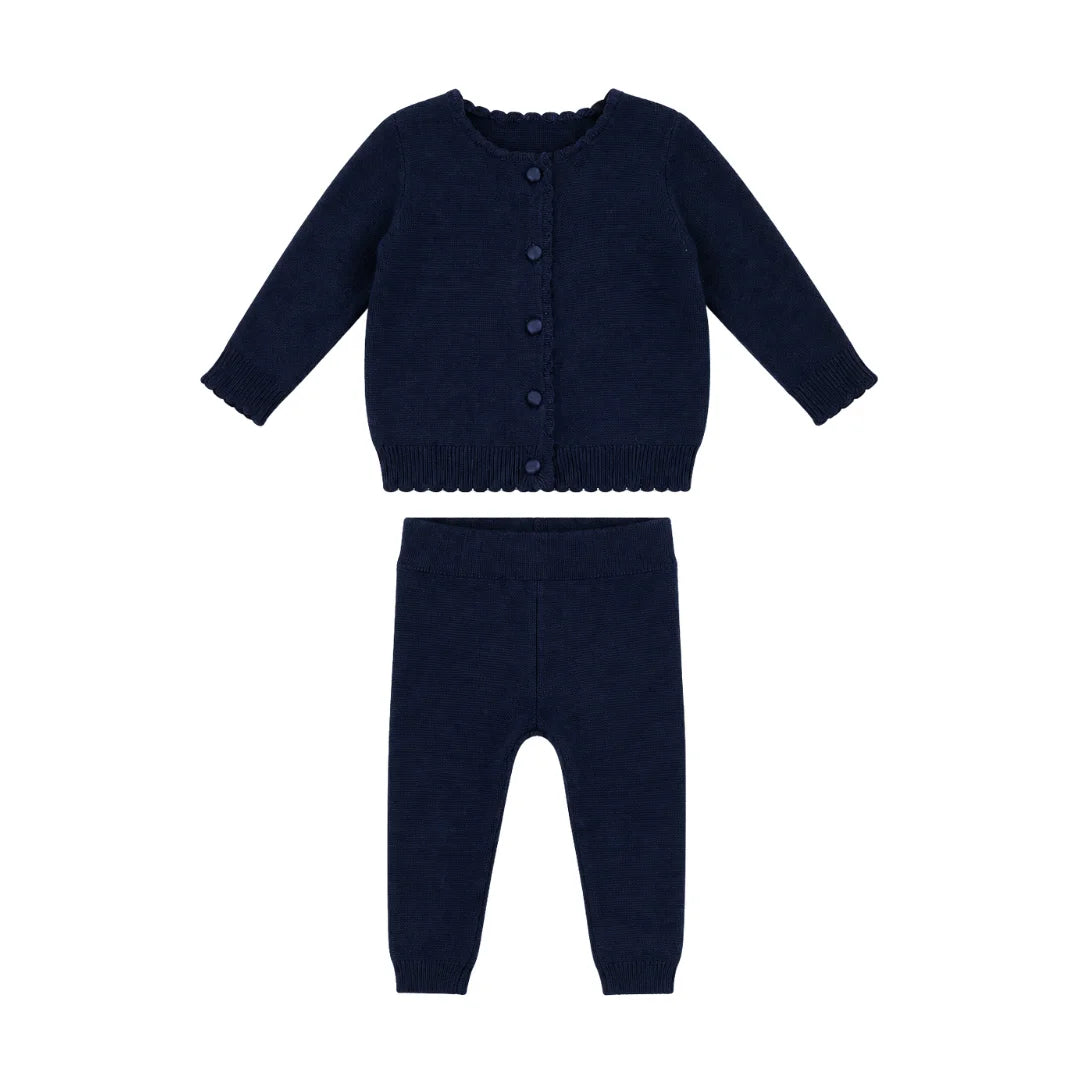 A front view of the Klai navy Melissa knit set.