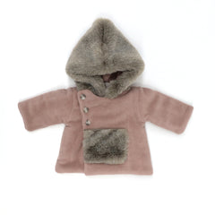 A flat-lay view of the La Mascot baby coat with faux fur hood in mauve pink.