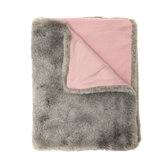 A flat-lay view of the La Mascot faux fur baby blanket in grey and pink.