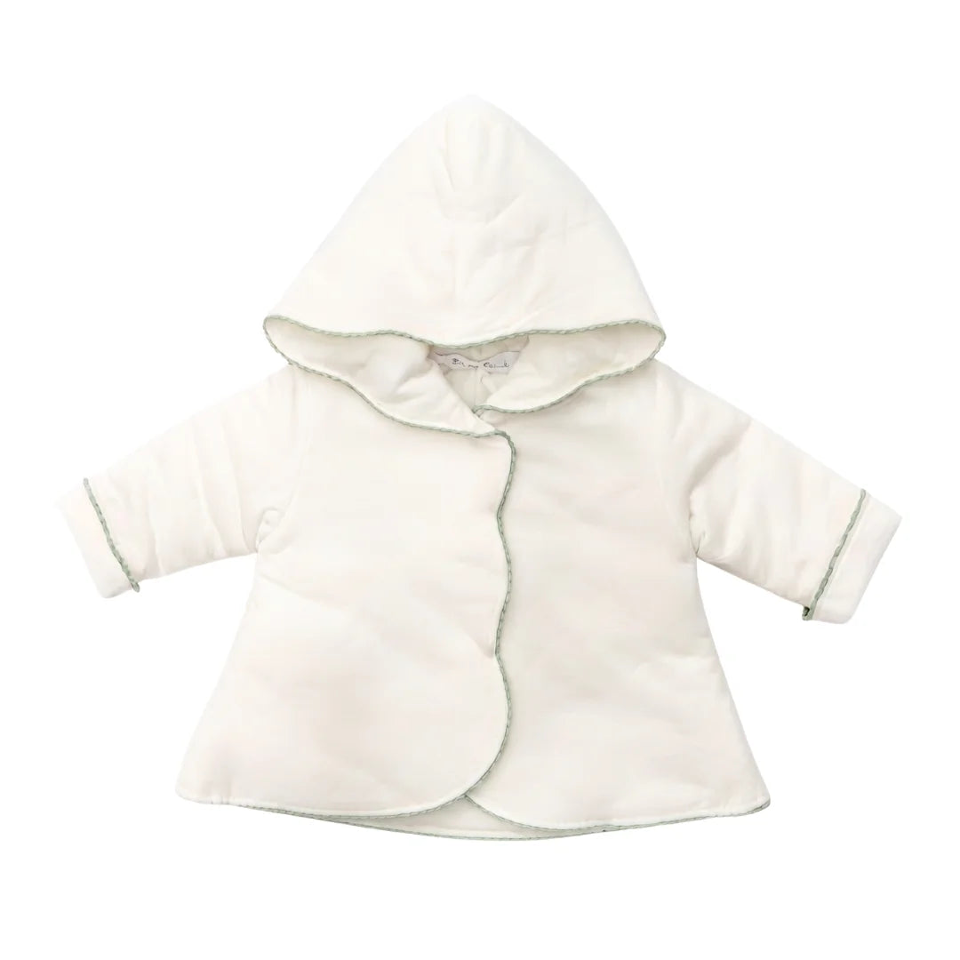 A flat-lay view of the La Mascot picot trim jacket in white and green.