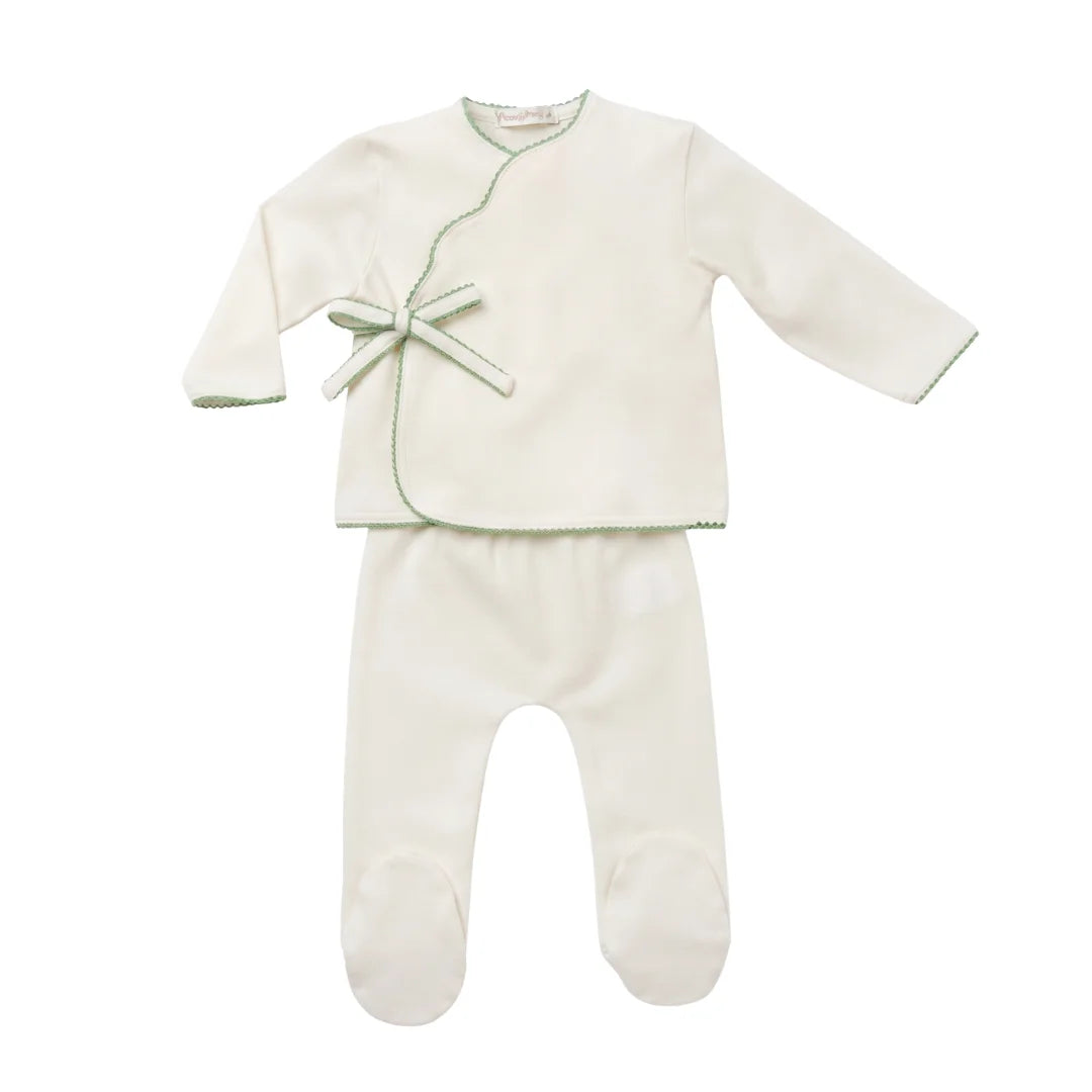 A flat-lay view of the La Mascot picot trim wrap set in white and green.