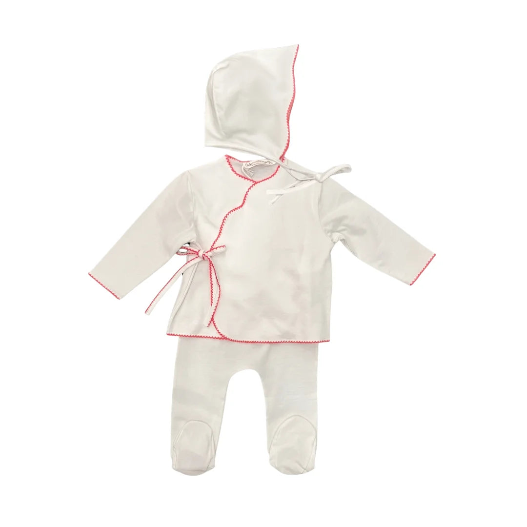 A flat-lay view of the La Mascot Pima cotton wrap set and bonnet in white and fuchsia.