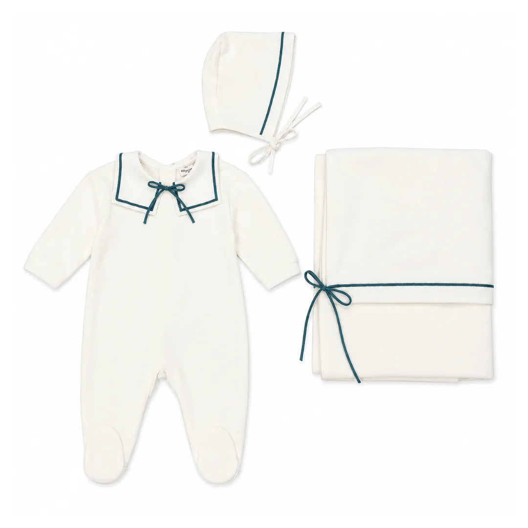 front view of the La Mascot ivory and blue sailor velvet trim 3-piece set.