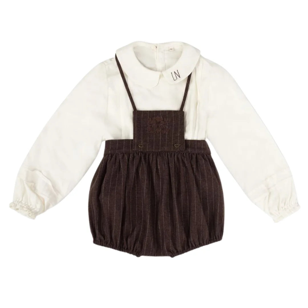 A front view of the La Nina brown baby girls pinstripe 3-piece formal set.