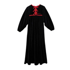 A front view of the La Nina black bow stitch maxi formal dress.