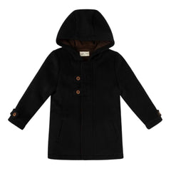A front view of the La Nina black boys double-breasted wool winter coat.