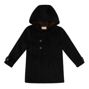 A front view of the La Nina black boys double-breasted wool winter coat.