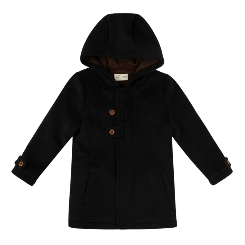 A front view of the La Nina black boys double-breasted wool winter coat.