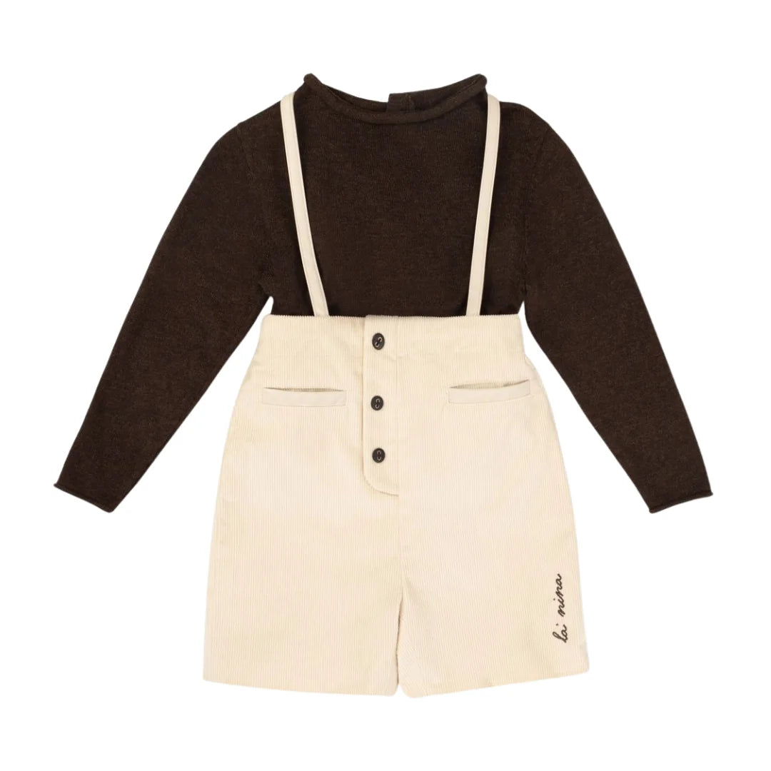 front view of the La Nina cream corduroy overall and sweater baby set.
