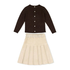 A front view of the La Nina cream corduroy skirt and logo sweater baby set.