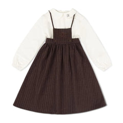 A front view of the La Nina brown pinstripe jumper and logo shirt set.