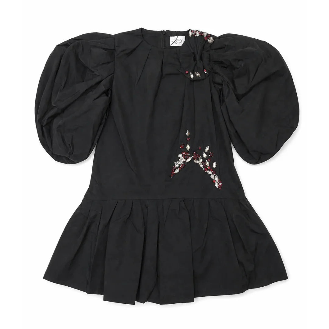 front view of the La Nina formal taffeta holiday dress with beaded bow.