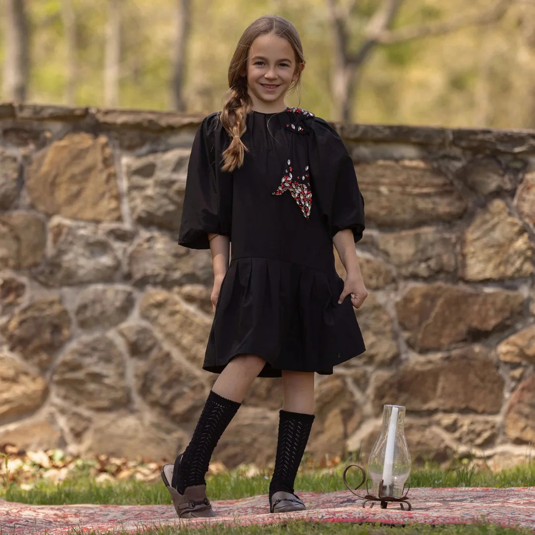 A toddler wearing the La Nina taffeta dress during a holiday portrait session.
