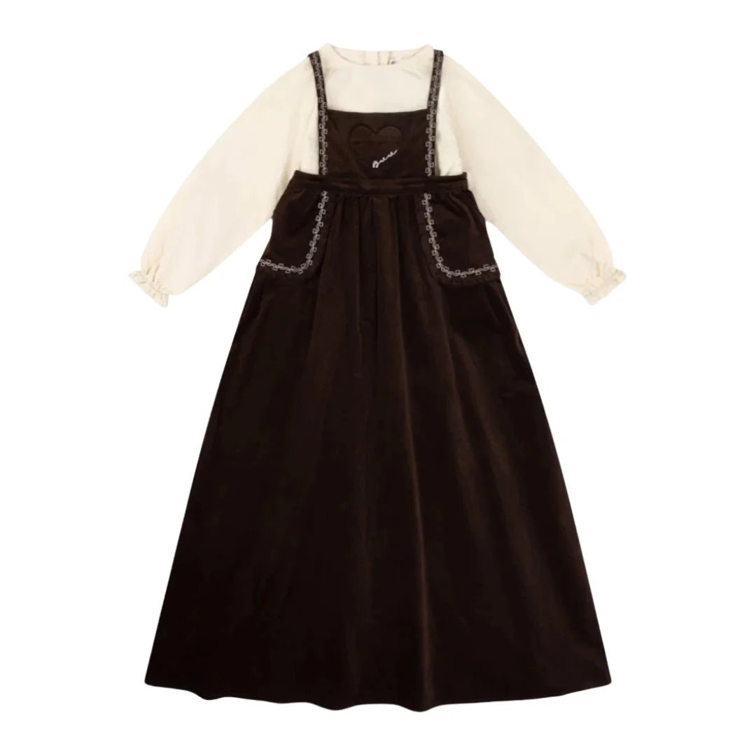 A front view of the La Nina brown vintage corduroy maxi dress.
