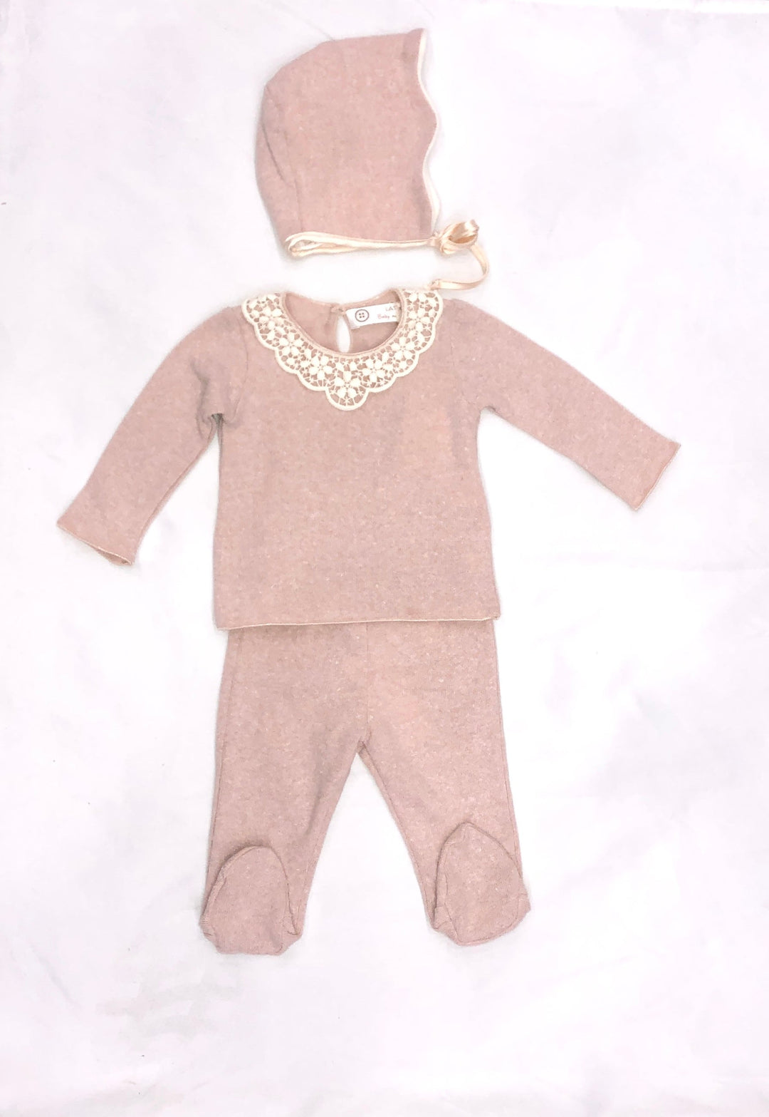 Latte Pink Crochet Collar Baby 3-Piece Knit Set