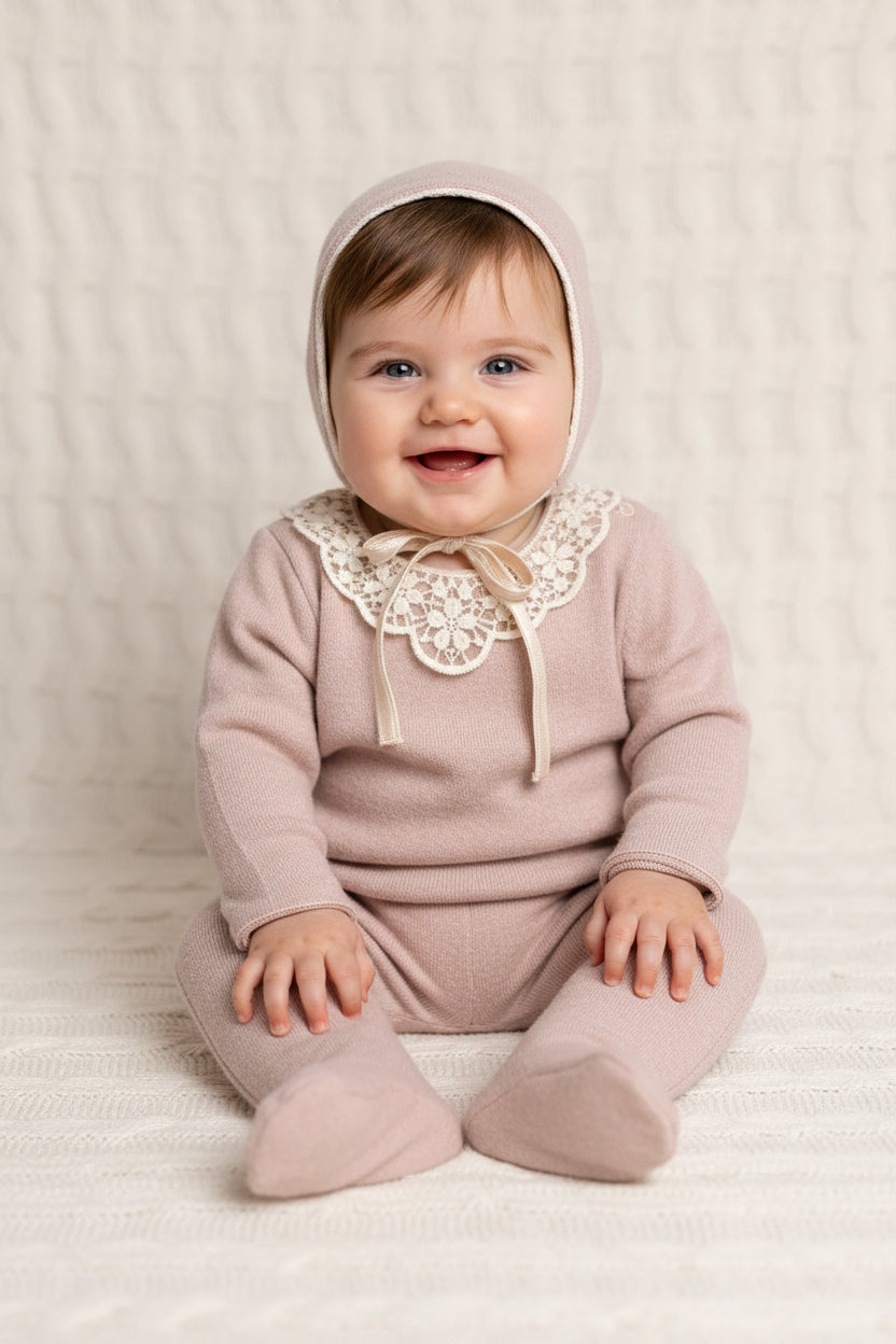 Latte Pink Crochet Collar Baby 3-Piece Knit Set