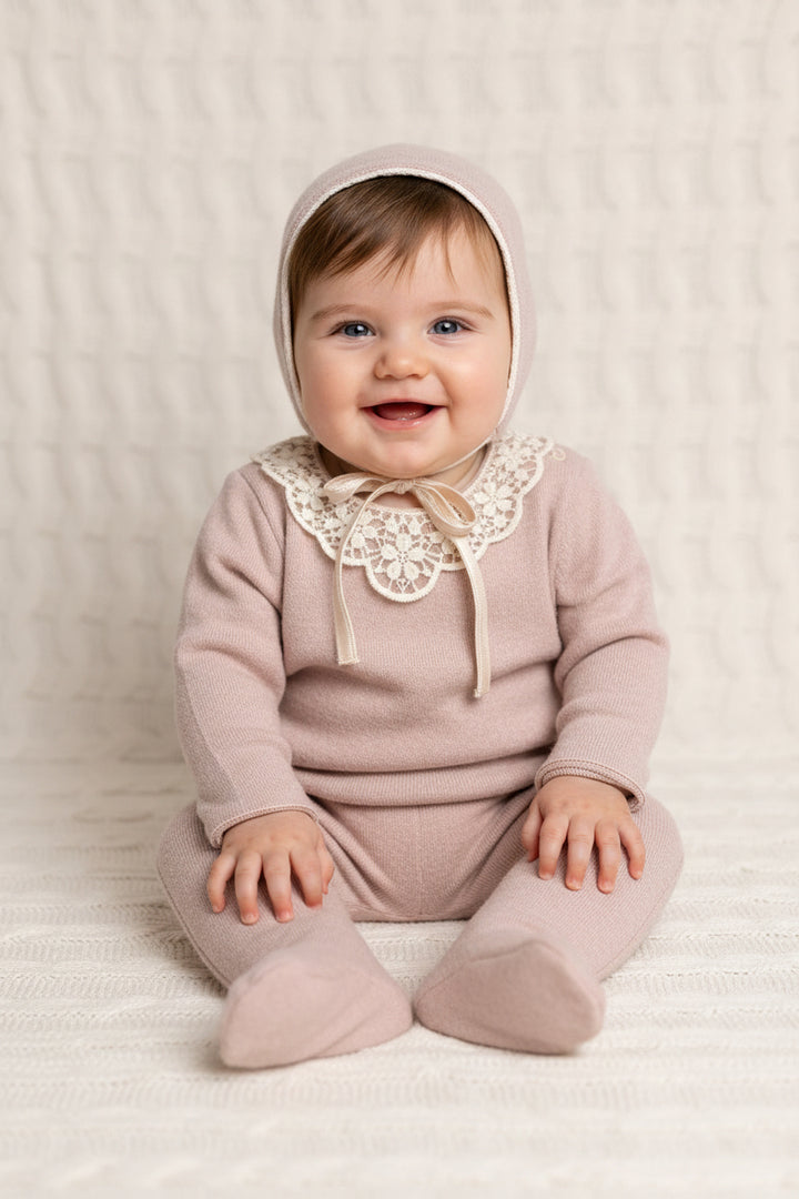 Latte Pink Crochet Collar Baby 3-Piece Knit Set